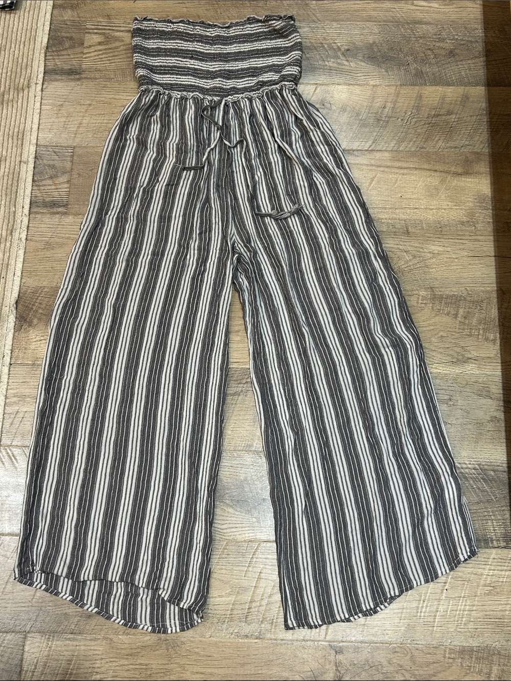 Striped Smocked Wide-Leg Jumpsuit - Black & White